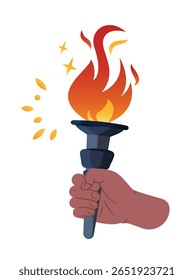 A hand holding flaming torch with, flat graphic style, isolated on white background. Concept of freedom, power, activism, liberty. Flat vector illustration