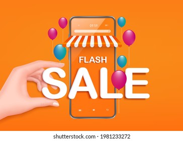 hand holding flash sale text on smartphone shop and there are balloons floating around and all object on orange background,vector 3d isolated for shopping online concept,promotion sale for advertising