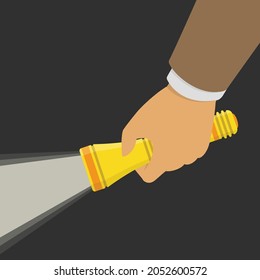 Hand holding flashlight with a beam of bright light, isolated on dark background. Search concept. Electric spotlight in hand. Vector illustration in flat style. EPS 10.