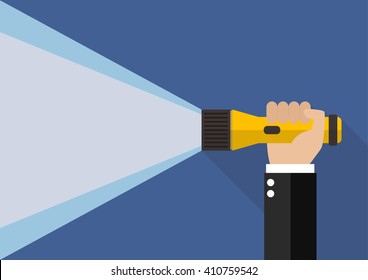 Hand holding flashlight. flat style vector illustration