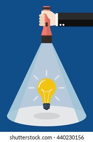 Hand holding flashlight glow to lightbulb idea. Search in business