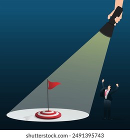 Hand holding a flashlight helping businessman finding the red flag target design vector illustration 