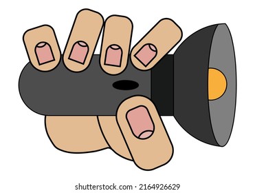 Hand holding a flashlight, isolated on white background in cartoon style in vector graphic
