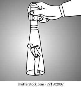 hand holding a flashlight pointing at standing businessman looking up vector illustration doodle sketch hand drawn with black lines isolated on gray background. Business concept. In the Spotlight. 