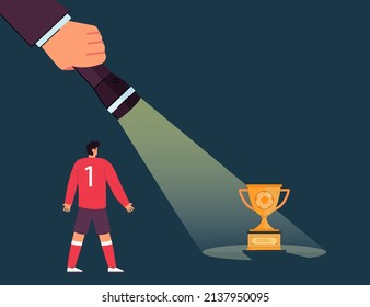 Hand holding flashlight and showing soccer player trophy. Person helping athlete with football career flat vector illustration. Sports, success, support concept for banner or landing web page