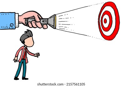 Hand holding a flashlight showing the target. Business concept. Cartoon vector illustration design