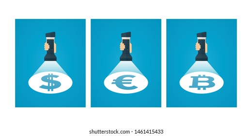 Hand holding flashlight towards currency symbol. Currency symbols under spotlight. Financial concept design.