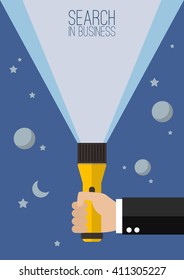 Hand holding flashlight up. Search in business