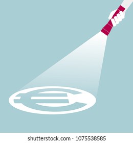 Hand holding a flashlight,projection a euro symbol.