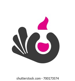 Hand holding a flask with elixir or potion, chemical science equipment icon, vector illustration isolated on white background