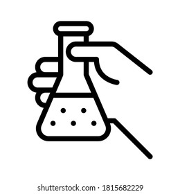 Hand holding flask. Line vector. Isolate on white background.