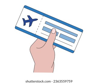 Hand holding a flight ticket. Flying on an airplane. Light-skinned human hand holding a paper ticket for flying transport. Flight passenger. Vacation or business trip. Vector illustration