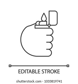 Hand holding flip lighter linear icon. Thin line illustration. Smoker's hand. Contour symbol. Vector isolated outline drawing. Editable stroke