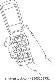 Hand holding a flip phone, line art vector illustration