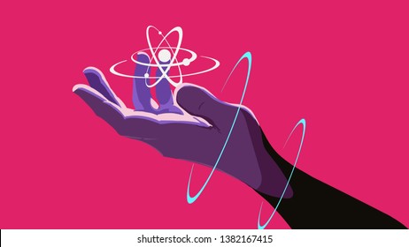 A hand holding a floating atom. Neon rings around the hand. The retro wave in the style of the 80s. Synth wave pink background.
