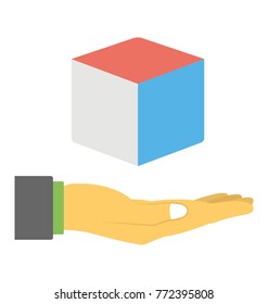 
Hand holding floating cubic box symbolizing 3D technology 
