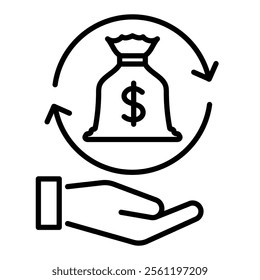 A hand holding a floating money bag, encircled by two arrows, symbolizing the cycle of financial growth and investment round line vector icon with editable stroke