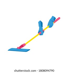 Hand holding floor mop. Human hands in blue rubber gloves mopping floor. Cleaning service, housework, hygiene cleanup chores concept cartoon vector illustration isolated on white background