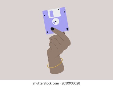 A hand holding a floppy disc, old technology symbol, flat vector illustration