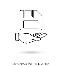 Hand holding Floppy disk or save flat vector icon for apps and websites. Vector Illustration
