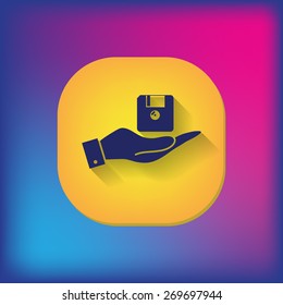 hand holding a floppy, diskette. symbol store information document. computer floppy disk icon .