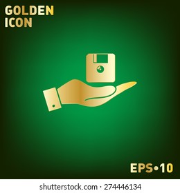 hand holding a floppy, diskette. symbol store information document. computer floppy disk icon .