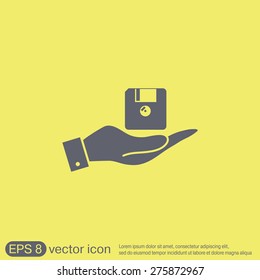 hand holding a floppy, diskette. symbol store information document. computer floppy disk icon .