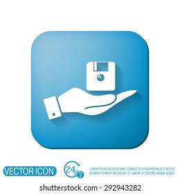 hand holding a floppy, diskette. symbol store information document. computer floppy disk icon .