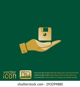 hand holding a floppy, diskette. symbol store information document. computer floppy disk icon .