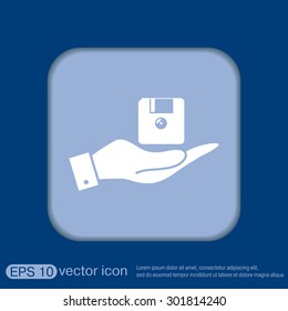 hand holding a floppy, diskette. symbol store information document. computer floppy disk icon .