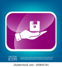 hand holding a floppy, diskette. symbol store information document. computer floppy disk icon .