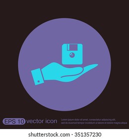 hand holding a floppy, diskette. symbol store information document. computer floppy disk icon .