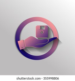 hand holding a floppy, diskette. symbol store information document. computer floppy disk icon .