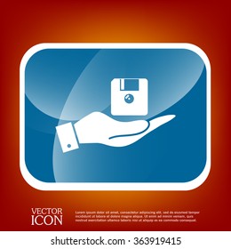 hand holding a floppy, diskette. symbol store information document. computer floppy disk icon .