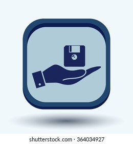 hand holding a floppy, diskette. symbol store information document. computer floppy disk icon .