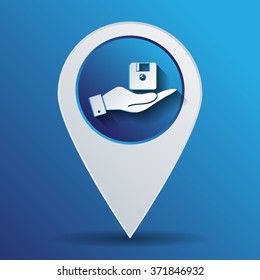 hand holding a floppy, diskette. symbol store information document. computer floppy disk icon .