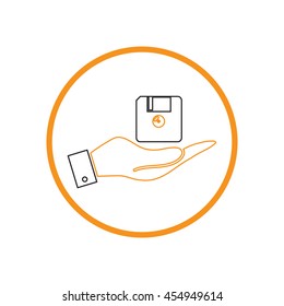 hand holding a floppy, diskette. symbol store information document. computer floppy disk icon .