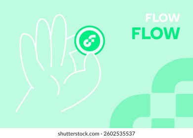 Hand Holding a Flow Coin on an Green Background, Conceptual Vector Illustration. FLOW Token Poster Design for Web, Apps and Mockups.