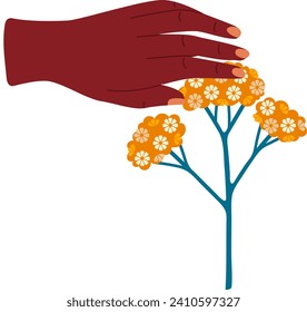 Hand holding a flower, African hand touching yellow blossoms, delicate floral gesture. Nature appreciation, gentle touch, environmental care vector illustration.