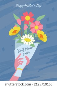 hand holding flower bouquet bloom beauty cute illustration for best mom ever mother day greeting card template