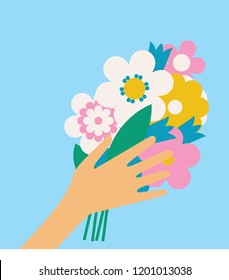 Hand holding flower bouquet. Vector illustration