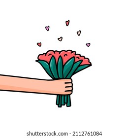 Hand Holding Flower Bouquet Vector Illustration. Floral Romantic Gift. Flowers Delivery Service. Valentine's Day Symbol.