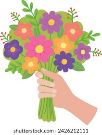 Hand holding a flower bouquet in hand. Vector colorful illustration in flat style
