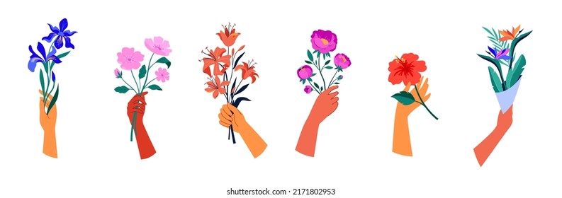 Hand holding flower bouquets. Collection of feminine fashion concept illustrations, botanical drawings. Cards, prints and poster designs. Flat style vector design