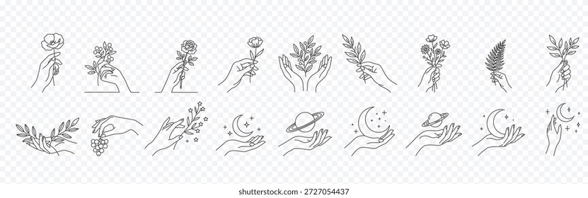 Mão segurando flor e conjunto de ícone de linha celeste - símbolos de contorno editáveis de mão, lua, estrela, planeta e botânico