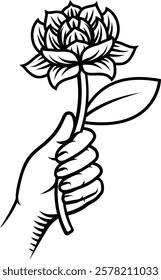 A hand holding a flower design illustration in a vintage woodcut retro tattoo style