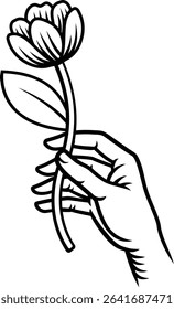 A hand holding a flower design illustration in a vintage woodcut retro tattoo style