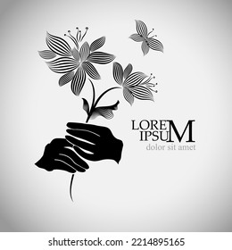 Hand holding flower. Greeting card. Vector illustration