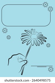 Hand Holding Flower Greeting Card Template on Light Blue Background with Decorative Floral Frame