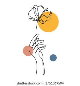 Hand holding flower icon Line art. Abstract minimal floral design for cover, prints, fabric and wallpaper. Vector illustration
